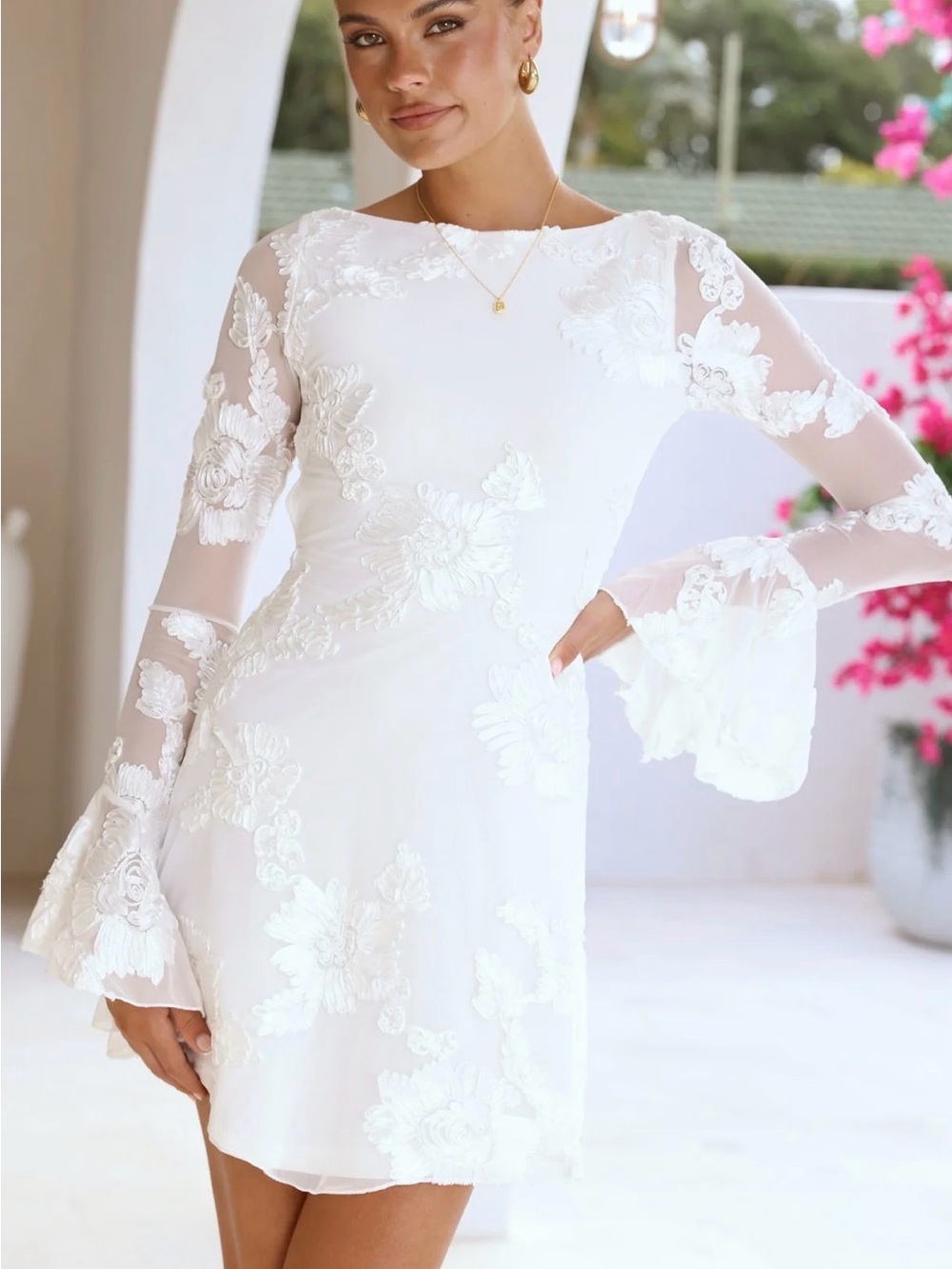 White Floral Lace Long-Sleeve Mini Dress